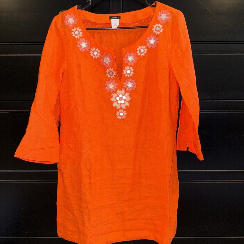 J Crew Orange Linen Embroidered Tunic Top Size 4 Sleeves 3/4 Embellished